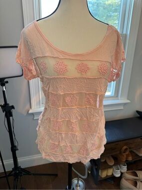 Free People Peach Floral Crochet Embroidered  Top